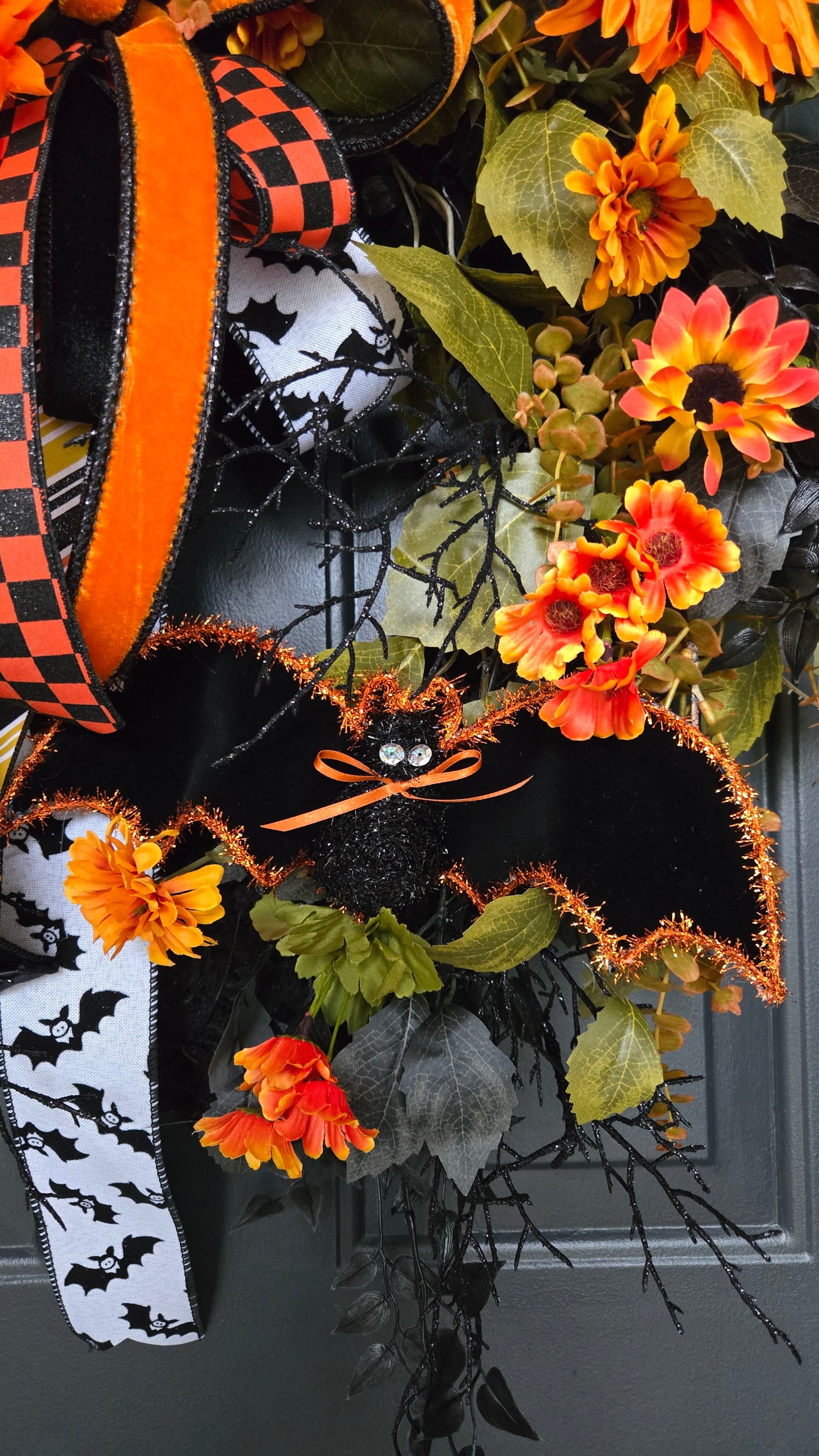 Sunflower & Bat Halloween Black Moss Wreath