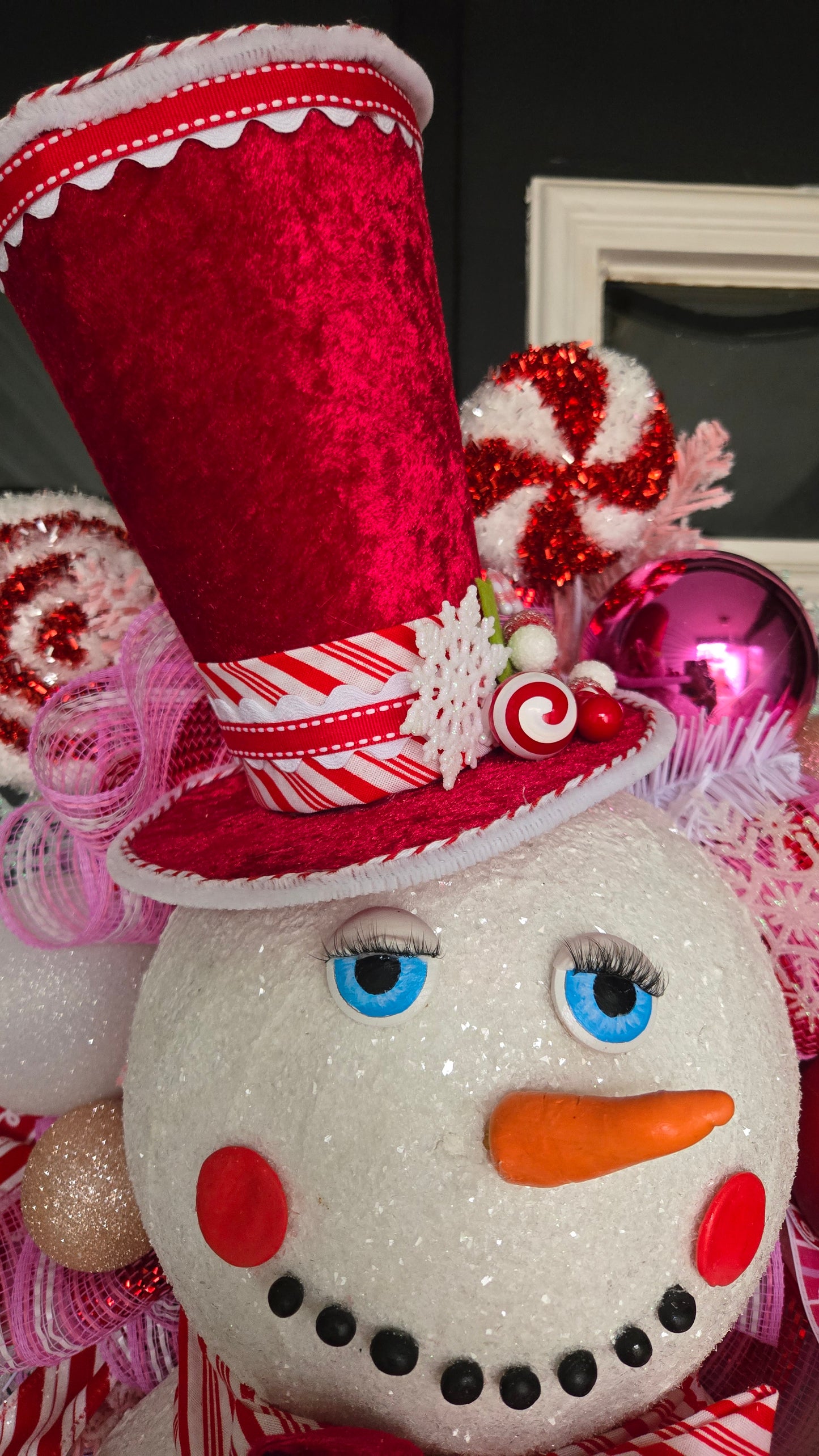 Pink Peppermint Snowman Swag – Winter Wreath Door Decor