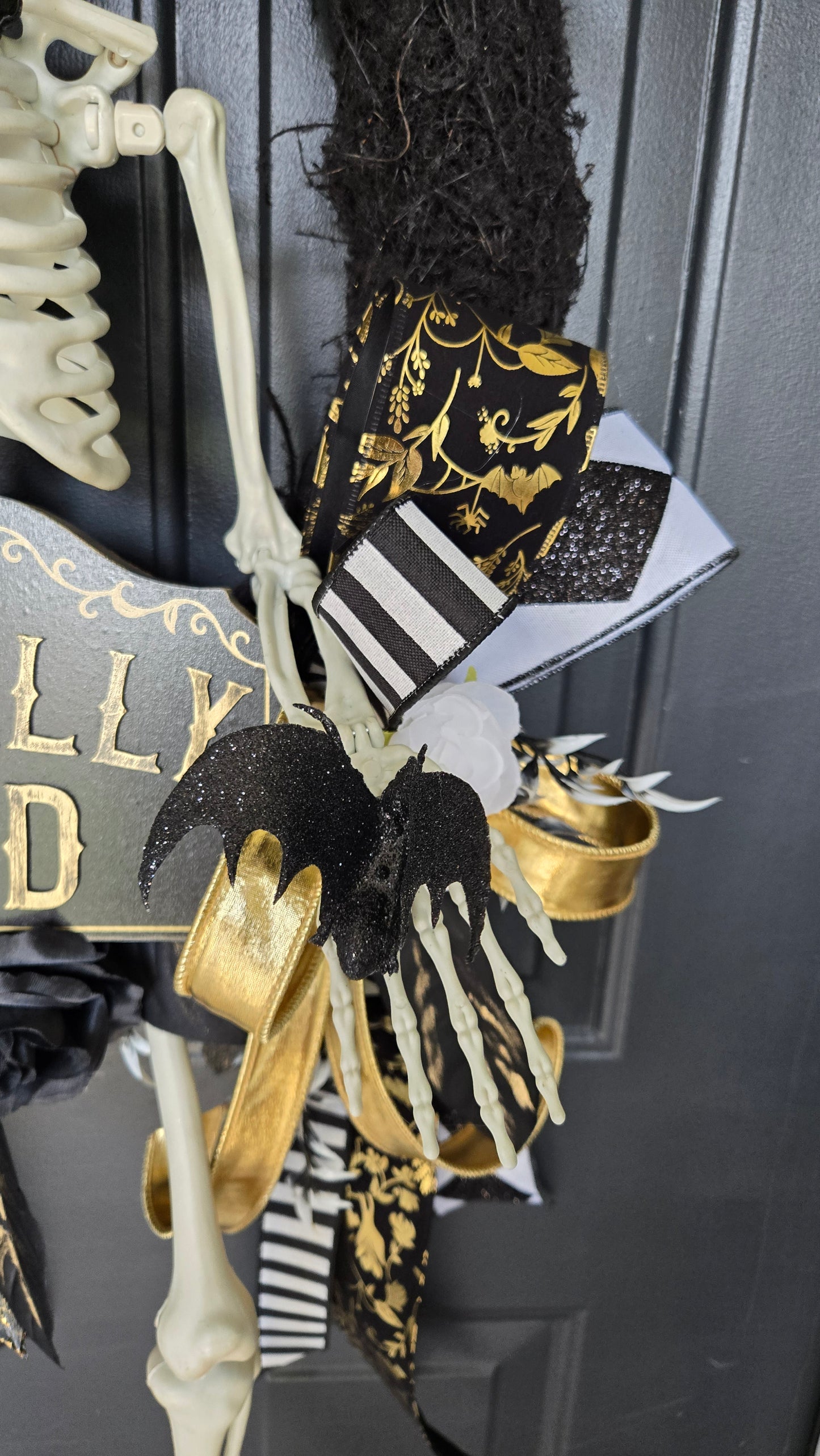 Literally Dead Skeleton Halloween Door Wreath | Large Black, White & Gold Gothic Halloween Decor