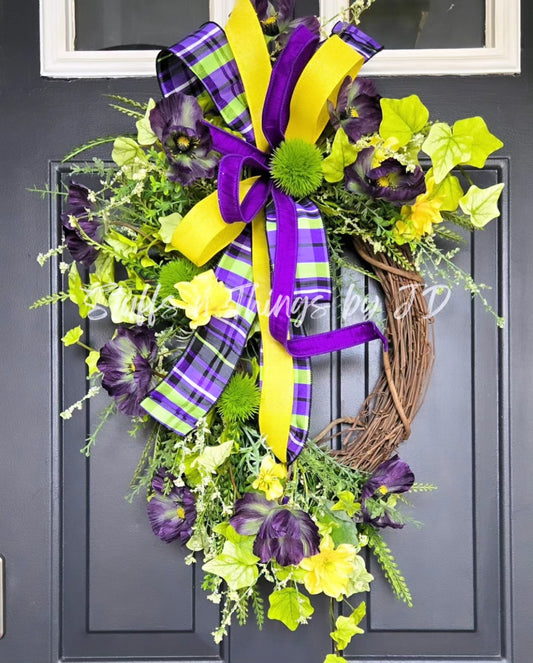 Bold Purple & Green Floral Wreath with Poppies and Cosmos – Spring & Summer Front Door Decor