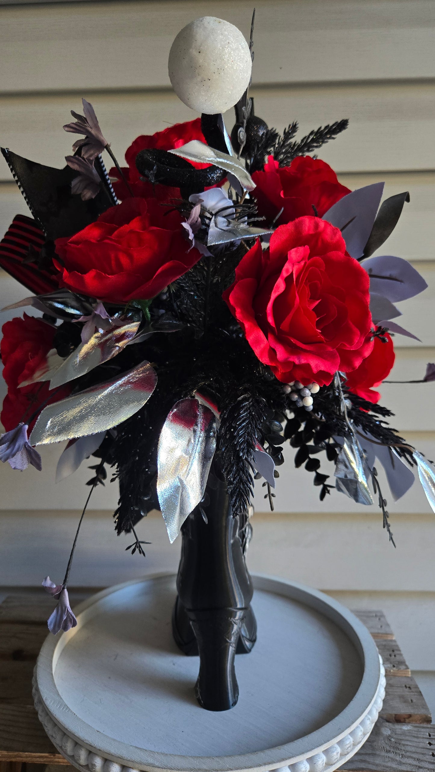 Whimsical Witch Boot Floral Arrangement | Gothic Halloween Centerpiece with Red Roses & Bats