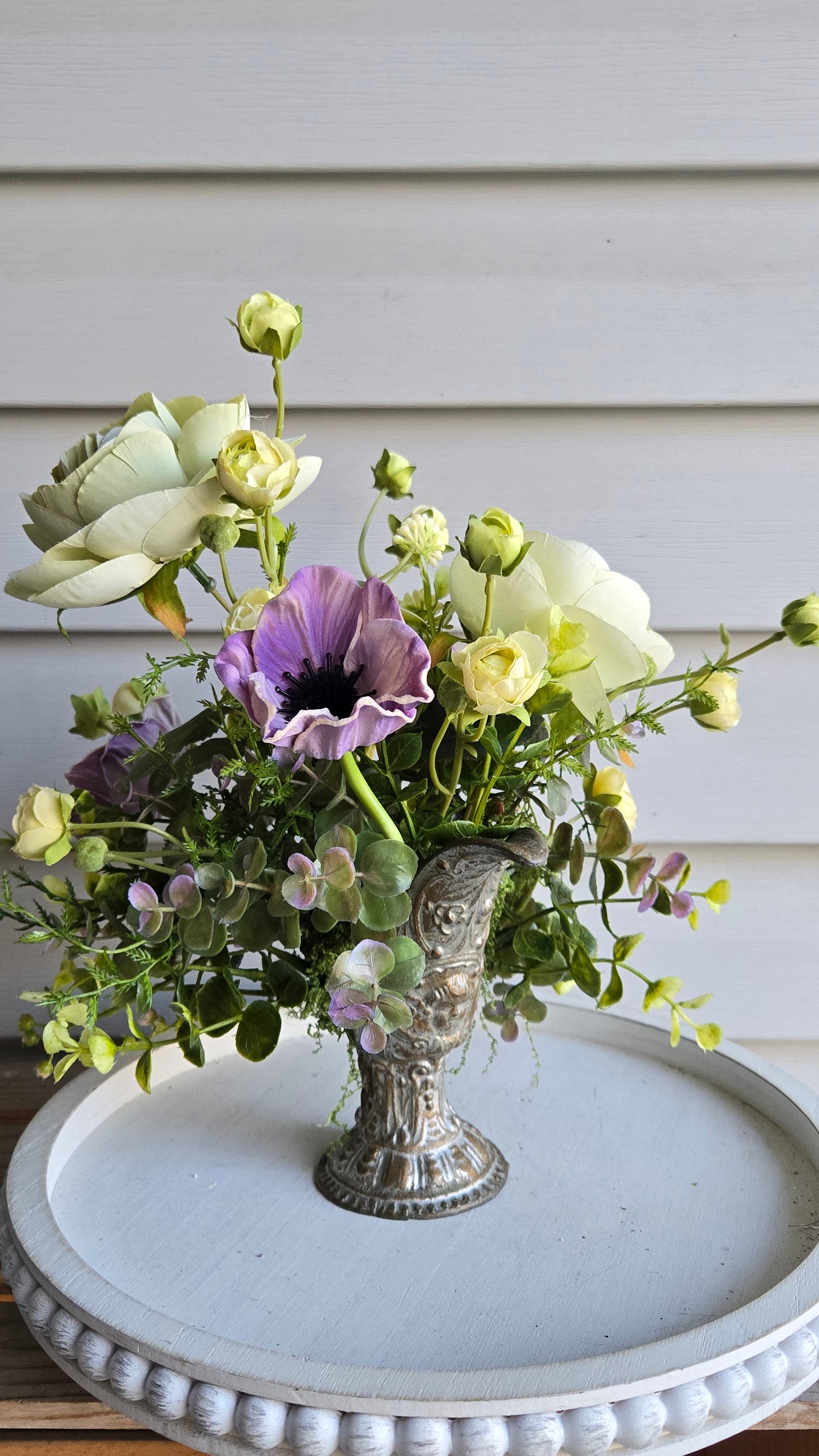 Vintage Ewer Floral Arrangement with Sage Green Ranunculus & Lavender Anemones