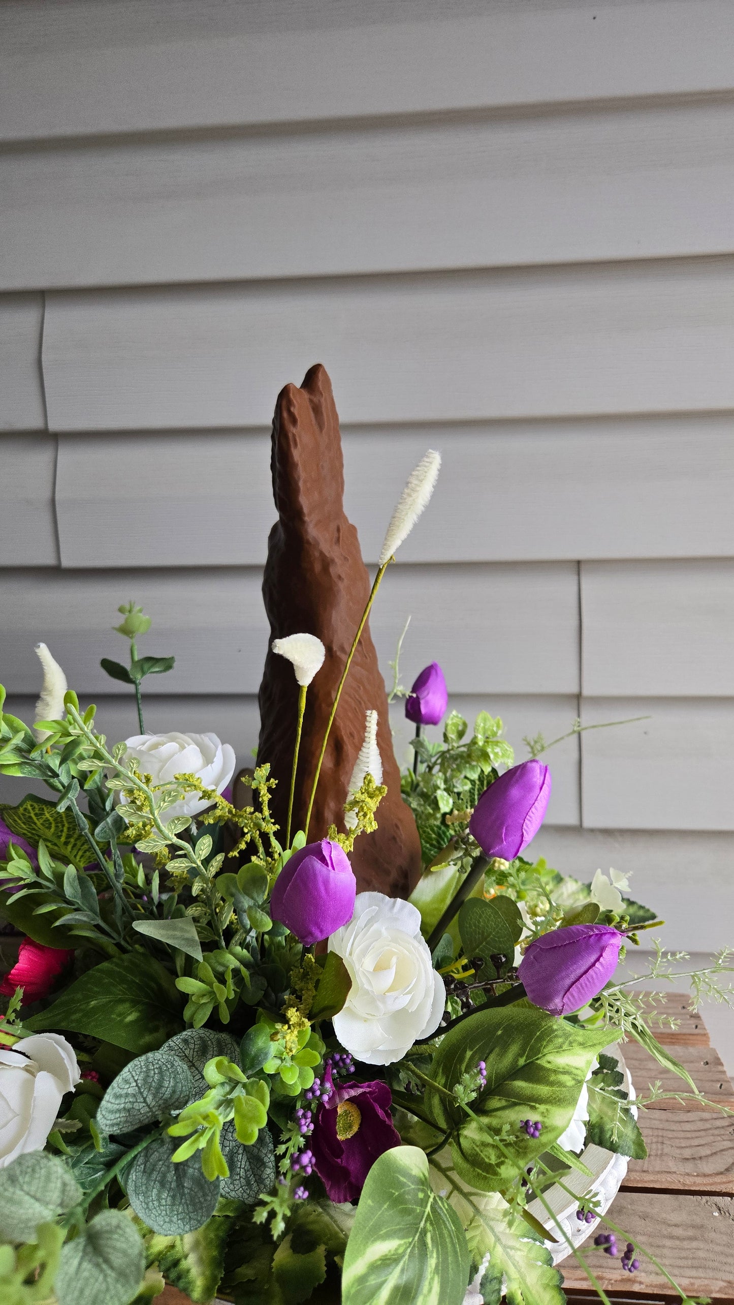 Easter Centerpiece with Faux Chocolate Bunny | Gold Tray Spring Arrangement