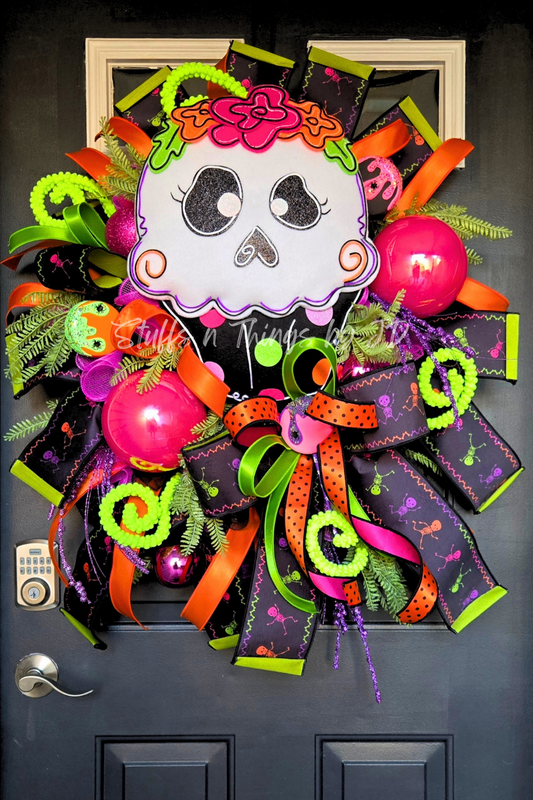 Neon Sugar Skull Cupcake Halloween Wreath | Extra Large Day of the Dead Door Decor