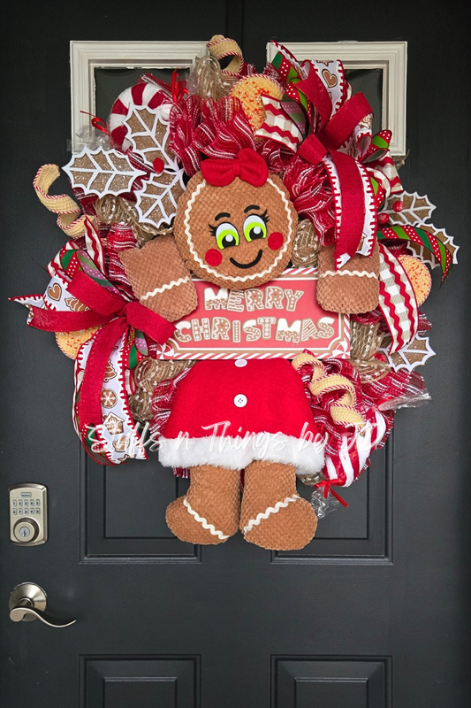 Whimsical Gingerbread Girl Christmas Wreath – Candy Cane Holiday Door Decor, Merry Christmas Mesh Wreath, Gingerbread Bakery Theme