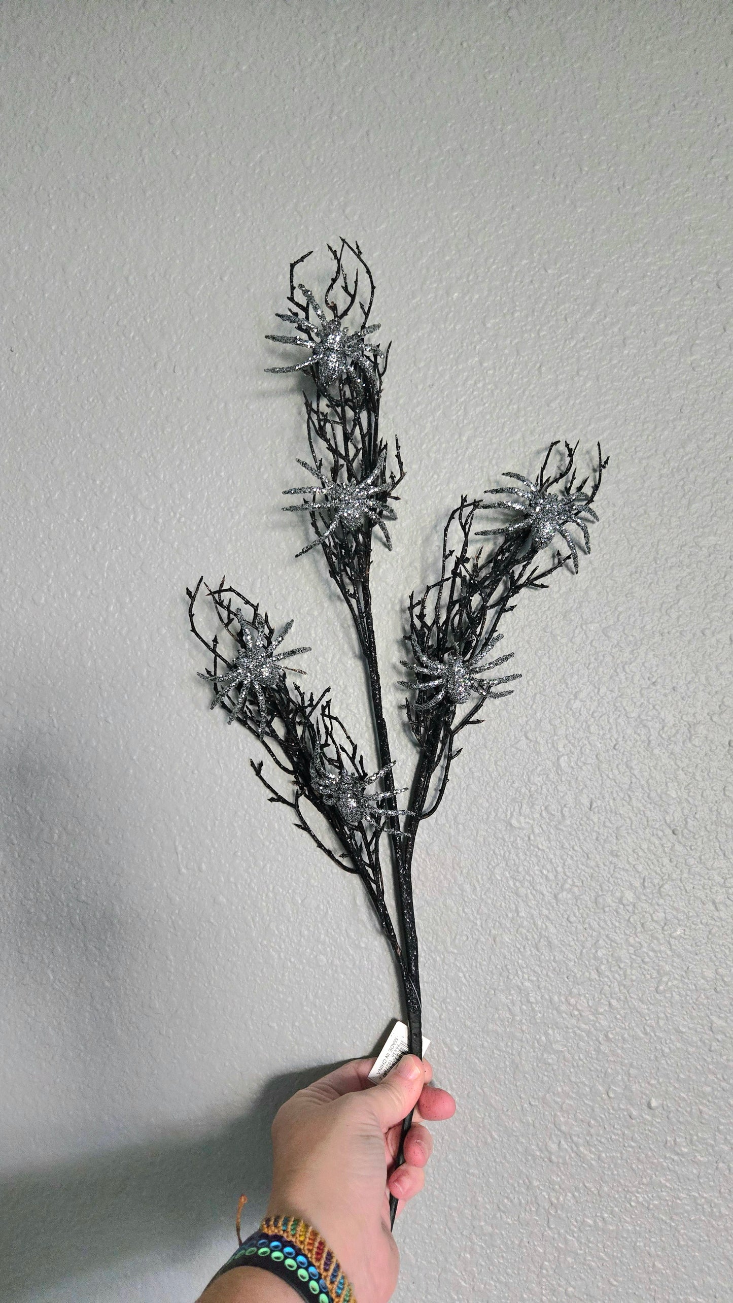 30" Black Twig Spray with Silver Spiders